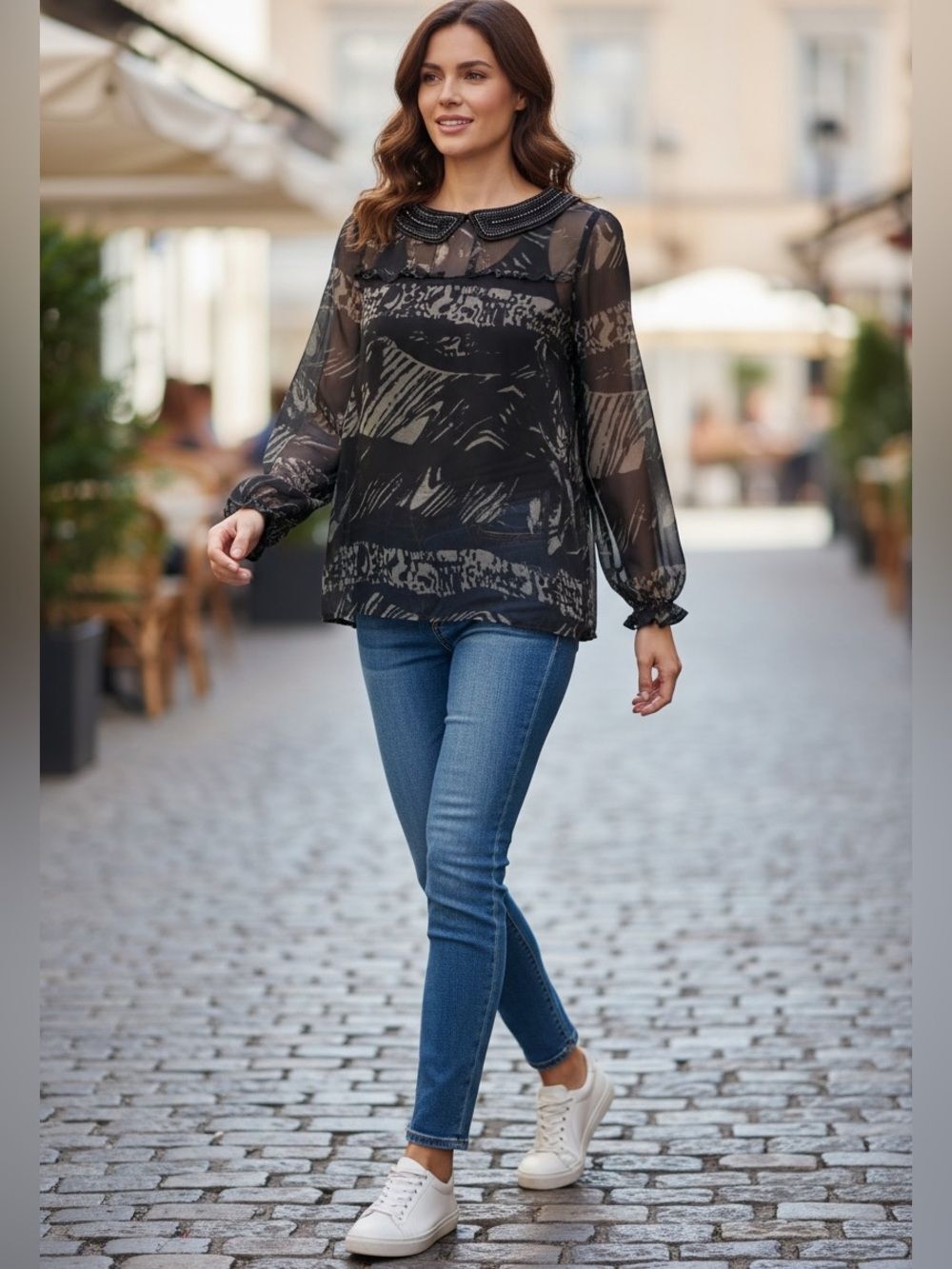 Koaj Y2K Printed Sheer Beaded Collared Long Sleeve Aprica Blouse Black Small